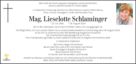 Traueranzeige von Liselotte Schlaminger von Kleine Zeitung