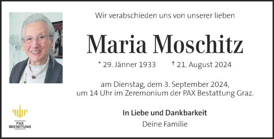 Traueranzeige von Maria Moschitz von Kleine Zeitung