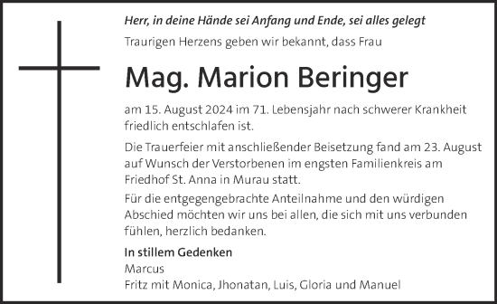 Traueranzeige von Marion Beringer von Kleine Zeitung