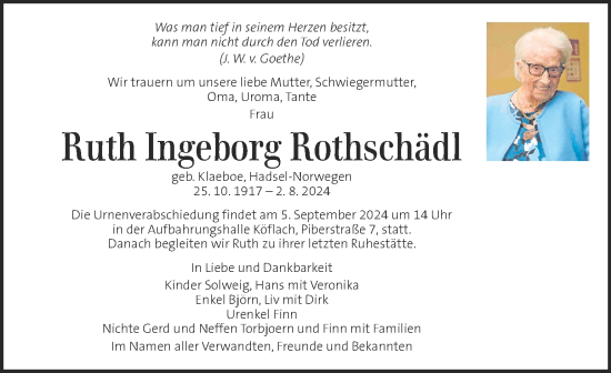 Traueranzeige von Ruth Ingeborg Rothschädl von Kleine Zeitung