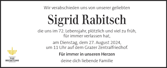 Traueranzeige von Sigrid Rabitsch von Kleine Zeitung