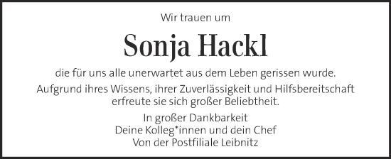Traueranzeige von Sonja Hackl von Kleine Zeitung