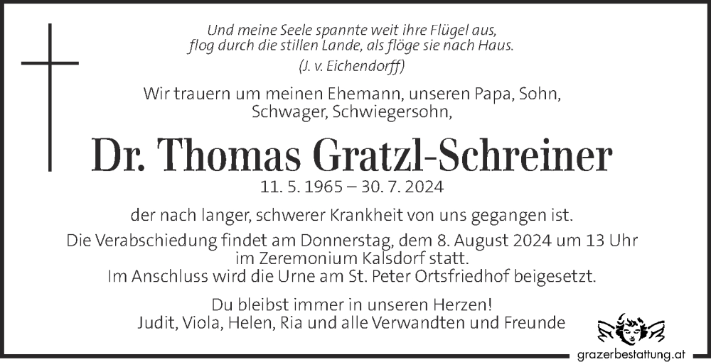  Traueranzeige für Thomas Gratzl-Schreiner vom 06.08.2024 aus Kleine Zeitung