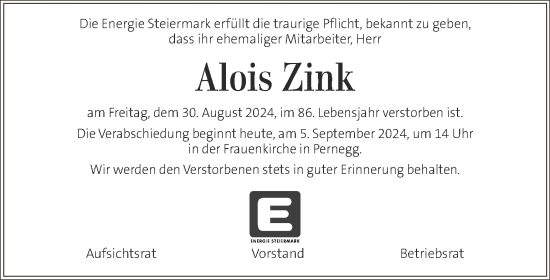 Traueranzeige von Alois Zink von Kleine Zeitung