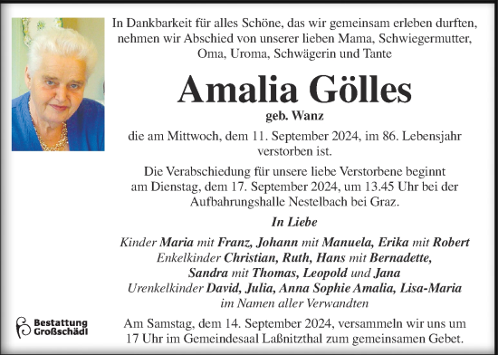 Traueranzeige von Amalia Gölles von Kleine Zeitung