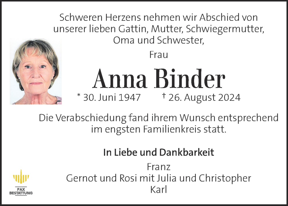  Traueranzeige für Anna Binder vom 05.09.2024 aus Kleine Zeitung