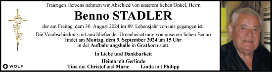 Traueranzeige von Benno Stadler von Kleine Zeitung