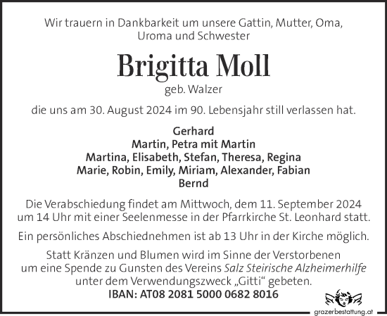 Traueranzeige von Brigitta Moll von Kleine Zeitung