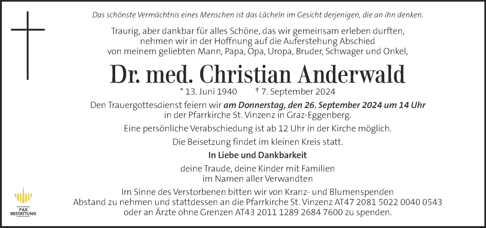  Traueranzeige für Christian Anderwald vom 22.09.2024 aus Kleine Zeitung