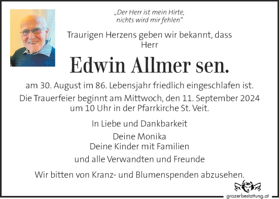 Traueranzeige von Edwin Allmer von Kleine Zeitung