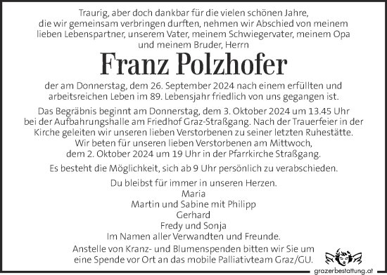 Traueranzeige von Franz Polzhofer von Kleine Zeitung