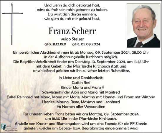 Traueranzeige von Franz Scherr von Kleine Zeitung