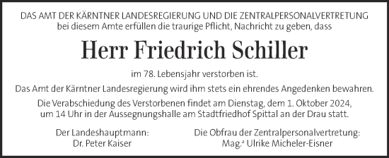 Traueranzeige von Friedrich Schiller von Kleine Zeitung