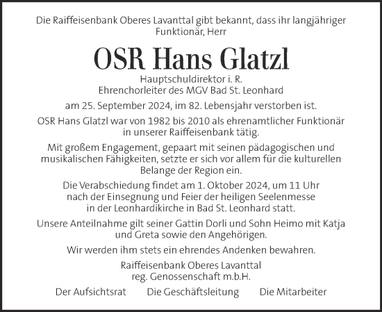 Traueranzeige von Hans Glatzl von Kleine Zeitung