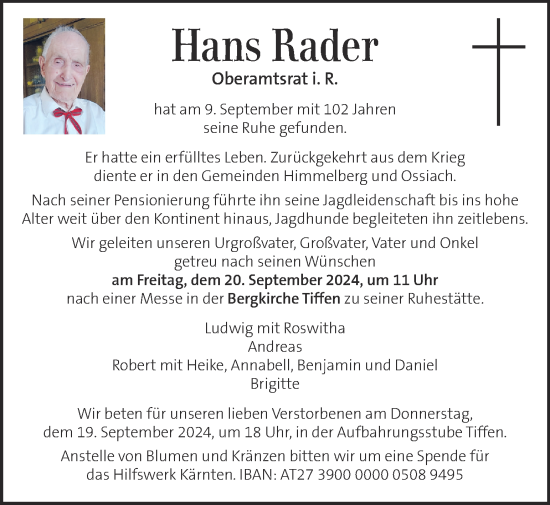 Traueranzeige von Hans Rader von Kleine Zeitung