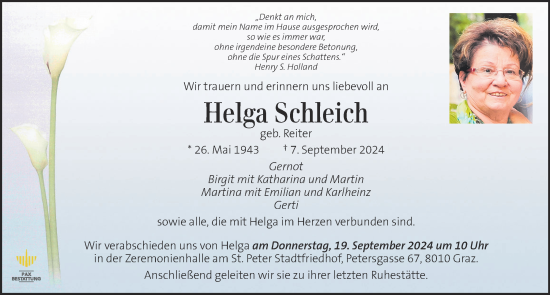 Traueranzeige von Helga Schleich von Kleine Zeitung