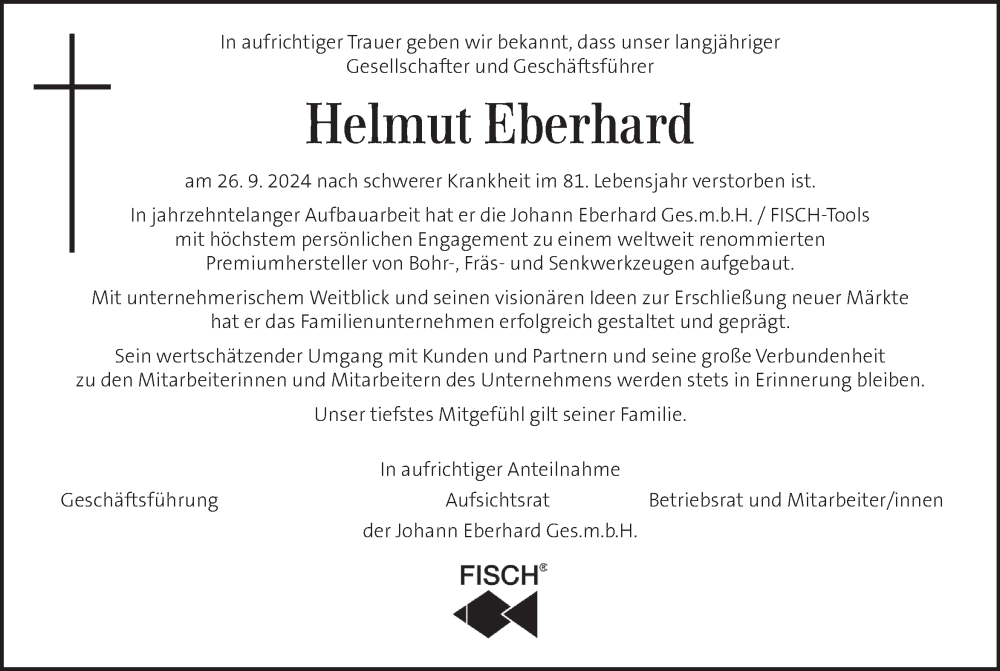  Traueranzeige für Helmut Eberhard vom 01.10.2024 aus Kleine Zeitung