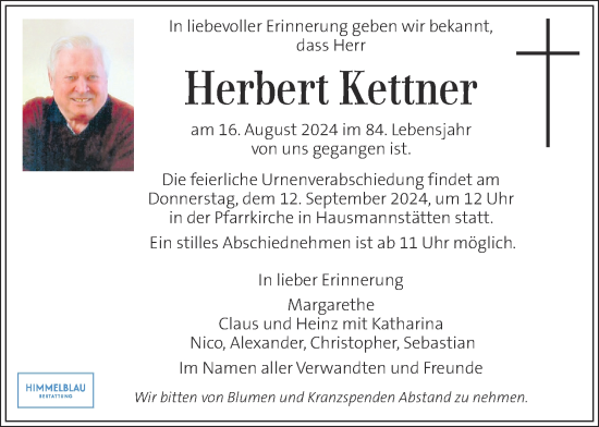 Traueranzeige von Herbert Kettner von Kleine Zeitung