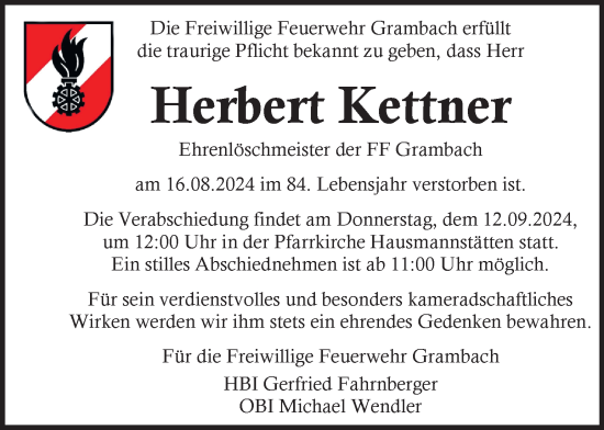 Traueranzeige von Herbert Kettner von Kleine Zeitung