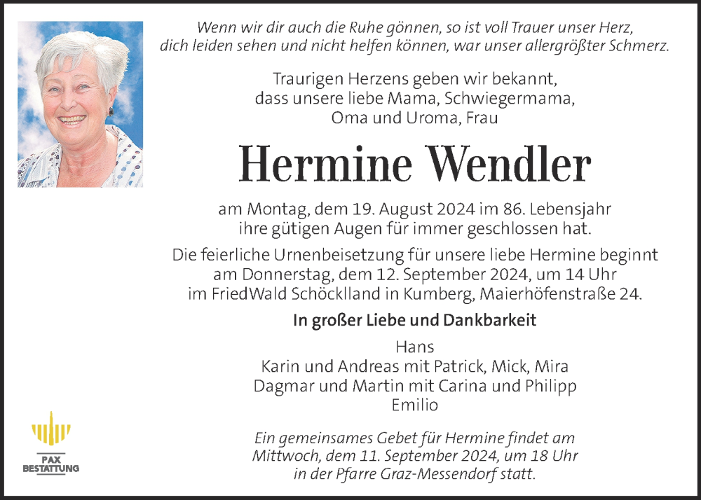  Traueranzeige für Hermine Wendler vom 05.09.2024 aus Kleine Zeitung