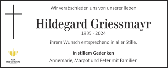 Traueranzeige von Hildegard Griessmayr von Kleine Zeitung