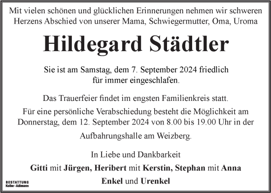 Traueranzeige von Hildegard Städtler von Kleine Zeitung