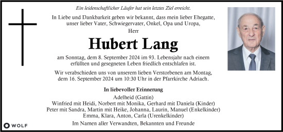 Traueranzeige von Hubert Lang von Kleine Zeitung