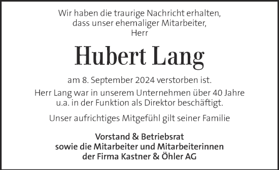 Traueranzeige von Hubert Lang von Kleine Zeitung