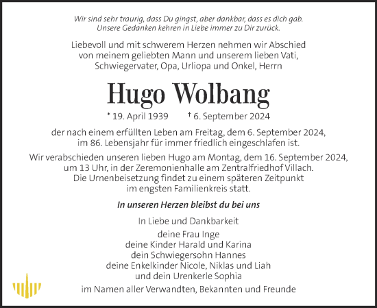 Traueranzeige von Hugo Wolbang von Kleine Zeitung