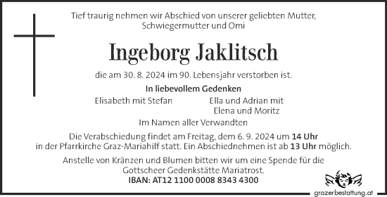 Traueranzeige von Ingeborg Jaklitsch von Kleine Zeitung