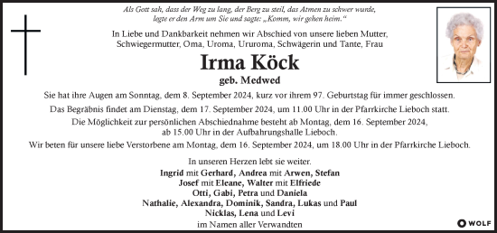 Traueranzeige von Irma Köck von Kleine Zeitung