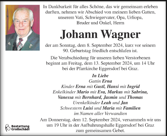 Traueranzeige von Johann Wagner von Kleine Zeitung