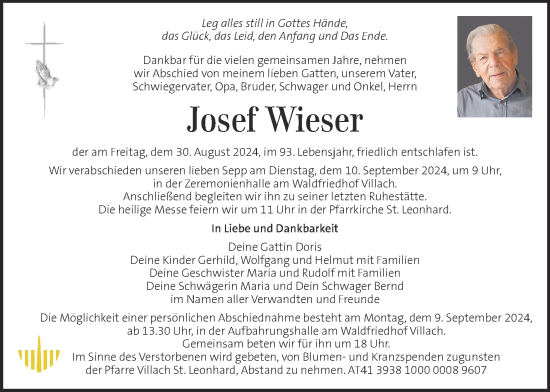 Traueranzeige von Josef Wieser von Kleine Zeitung