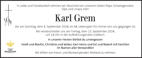 Traueranzeige von Karl Grem  von Kleine Zeitung