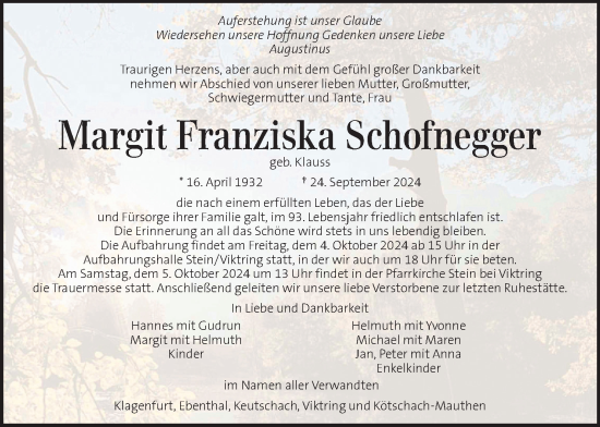 Traueranzeige von Margit Franziska Schofnegger von Kleine Zeitung