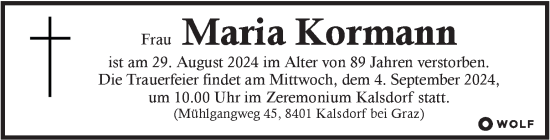 Traueranzeige von Maria Kormann von Kleine Zeitung