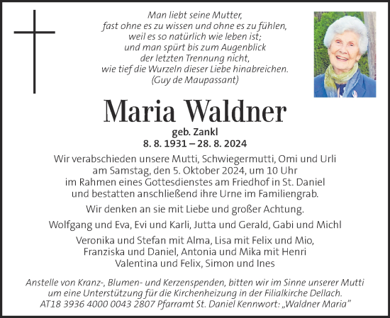 Traueranzeige von Maria Waldner von Kleine Zeitung