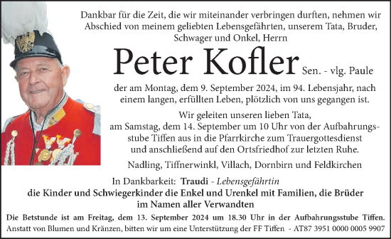 Traueranzeige von Peter Kofler von Kleine Zeitung