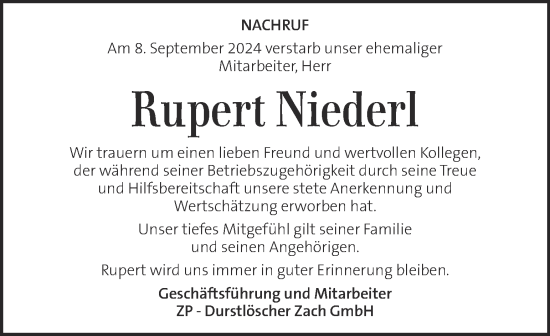 Traueranzeige von Rupert Niederl von Kleine Zeitung