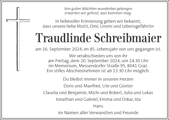 Traueranzeige von Traudlinde Schreibmaier von Kleine Zeitung