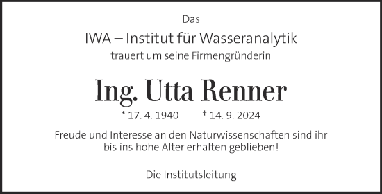 Traueranzeige von Utta Renner von Kleine Zeitung