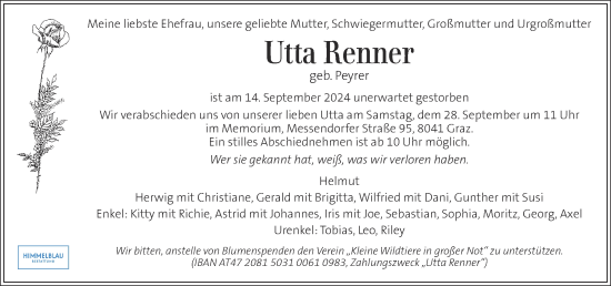 Traueranzeige von Utta Renner von Kleine Zeitung