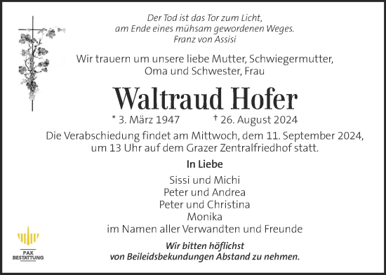 Traueranzeige von Waltraud Hofer von Kleine Zeitung