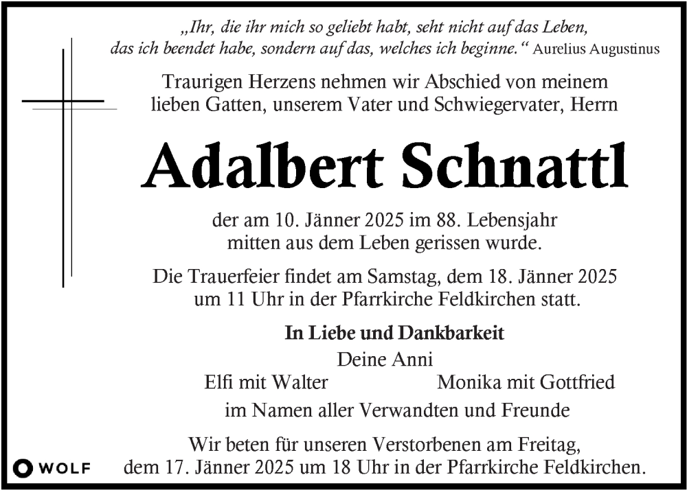  Traueranzeige für Adalbert Schnattl vom 14.01.2025 aus Kleine Zeitung