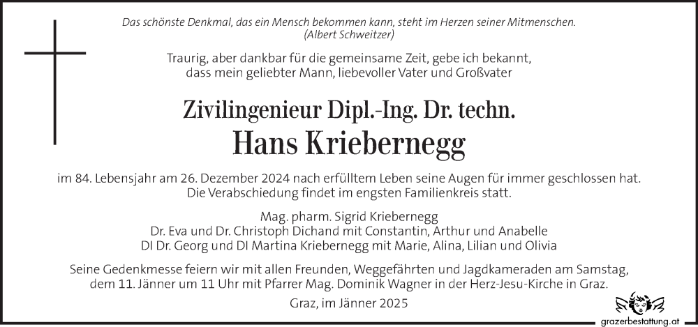  Traueranzeige für Hans Kriebernegg vom 05.01.2025 aus Kleine Zeitung
