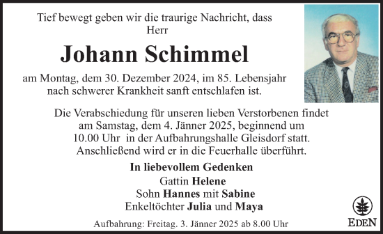 Traueranzeige von Johann Schimmel von Kleine Zeitung