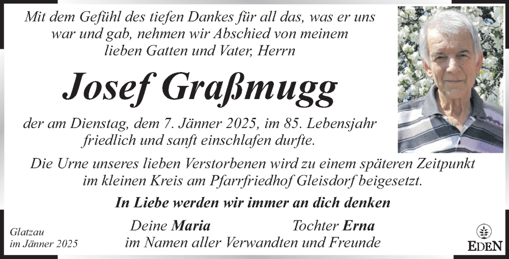  Traueranzeige für Josef Graßmugg vom 10.01.2025 aus Kleine Zeitung
