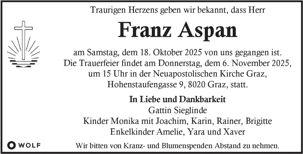 Traueranzeige für Franz Aspan vom 26.10.2025 aus Kleine Zeitung