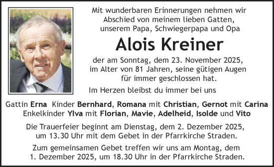 Traueranzeige von Alois Kreiner von Kleine Zeitung