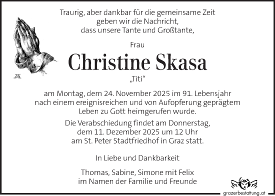 Traueranzeige von Christine Skasa von Kleine Zeitung